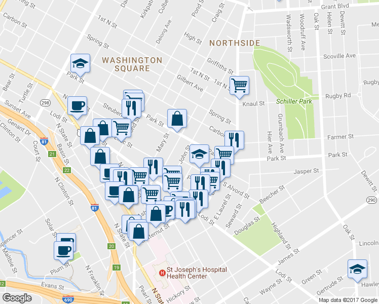map of restaurants, bars, coffee shops, grocery stores, and more near 156 John Street in Syracuse