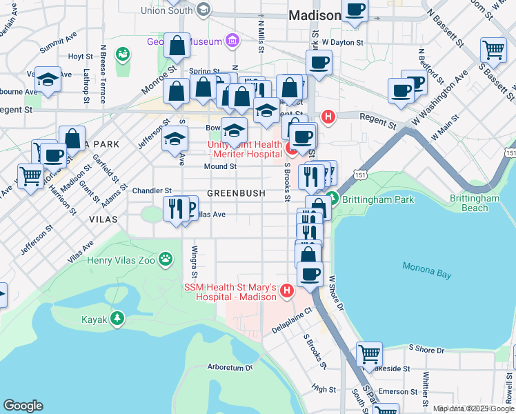 map of restaurants, bars, coffee shops, grocery stores, and more near 318 South Mills Street in Madison