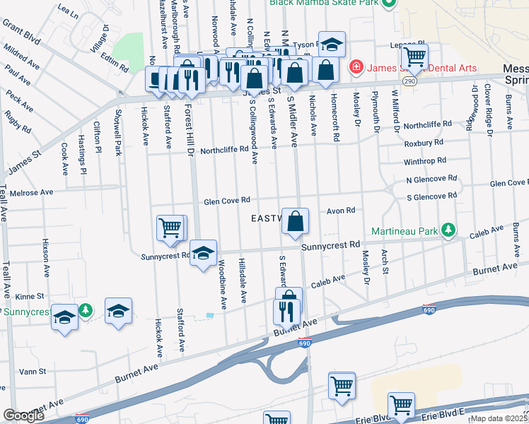 map of restaurants, bars, coffee shops, grocery stores, and more near 317 South Collingwood Avenue in Syracuse