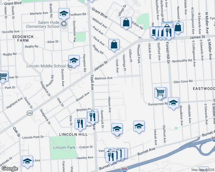 map of restaurants, bars, coffee shops, grocery stores, and more near 300 Hixson Avenue in Syracuse