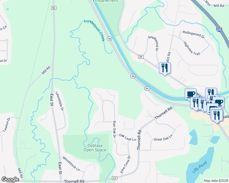 map of restaurants, bars, coffee shops, grocery stores, and more near 9 Sassafras Lane in Pittsford