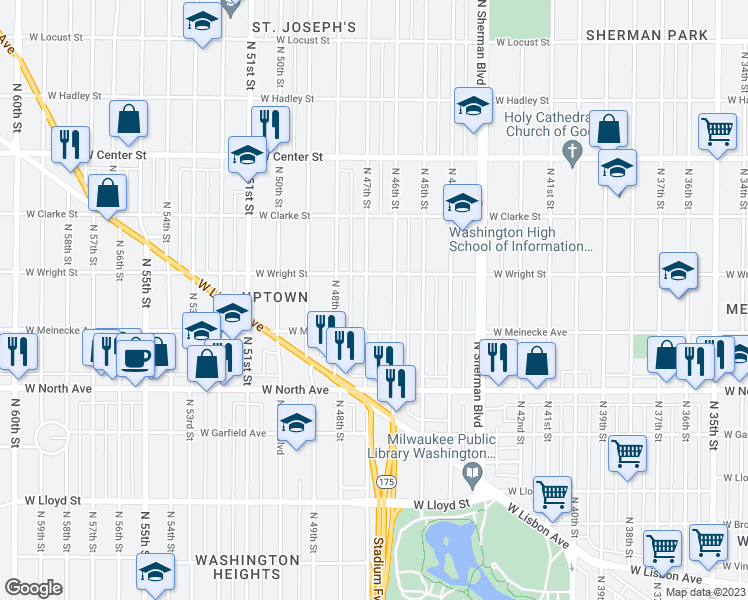 map of restaurants, bars, coffee shops, grocery stores, and more near 2446 North 47th Street in Milwaukee
