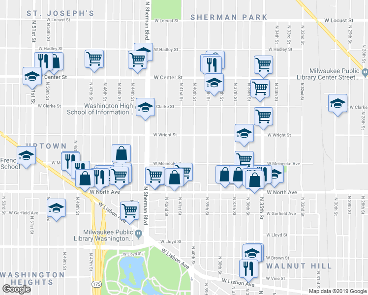 map of restaurants, bars, coffee shops, grocery stores, and more near 2444 North 41st Street in Milwaukee