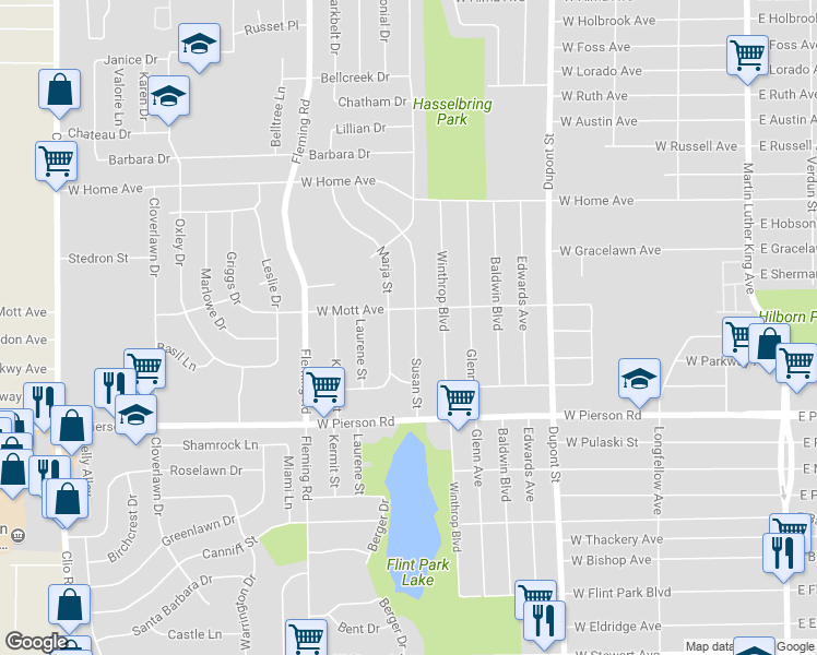 map of restaurants, bars, coffee shops, grocery stores, and more near 5509 Susan Street in Flint