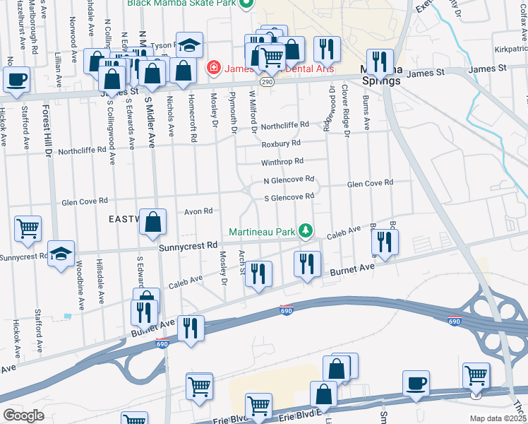 map of restaurants, bars, coffee shops, grocery stores, and more near 429 Plymouth Dr in Syracuse