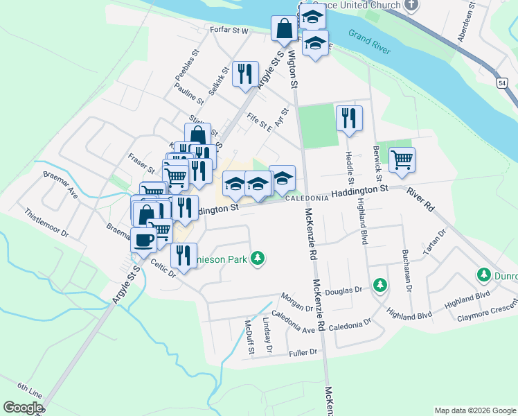map of restaurants, bars, coffee shops, grocery stores, and more near 31 Jamieson Drive in Caledonia