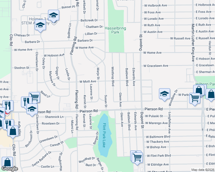 map of restaurants, bars, coffee shops, grocery stores, and more near 5509 Susan Street in Flint