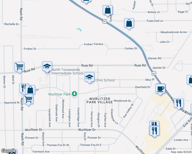 map of restaurants, bars, coffee shops, grocery stores, and more near 1484 Abington Place in North Tonawanda