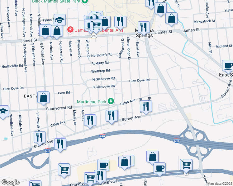 map of restaurants, bars, coffee shops, grocery stores, and more near 123 Aberdeen Terrace in Syracuse