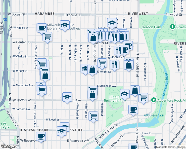 map of restaurants, bars, coffee shops, grocery stores, and more near 2463 North Holton Street in Milwaukee