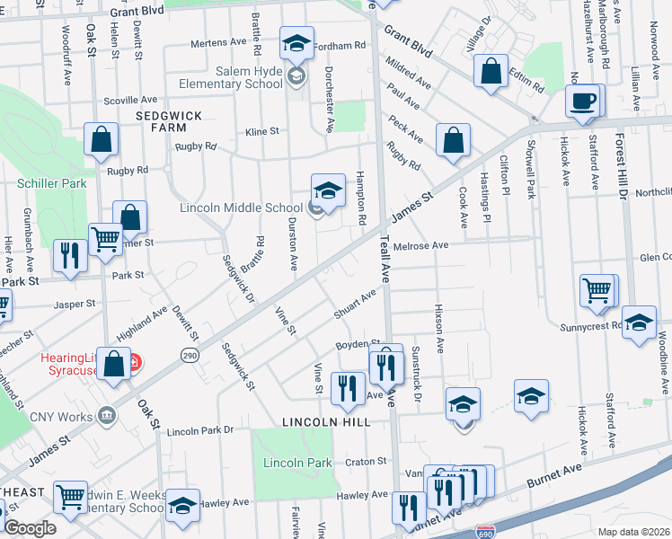 map of restaurants, bars, coffee shops, grocery stores, and more near 1618 James Street in Syracuse