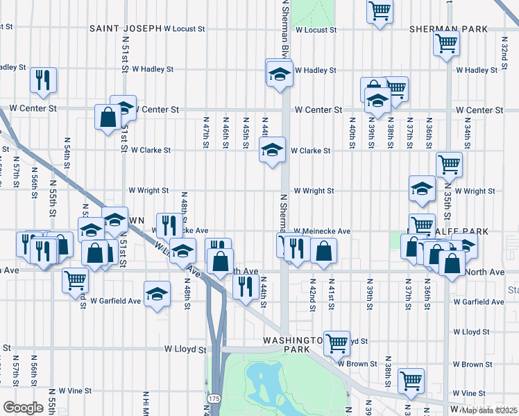 map of restaurants, bars, coffee shops, grocery stores, and more near 2445 North 44th Street in Milwaukee