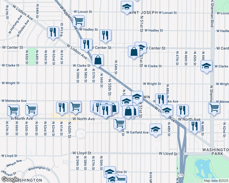 map of restaurants, bars, coffee shops, grocery stores, and more near 2445 North 54th Street in Milwaukee