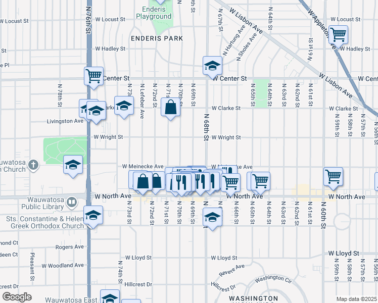 map of restaurants, bars, coffee shops, grocery stores, and more near 2443 North 69th Street in Wauwatosa