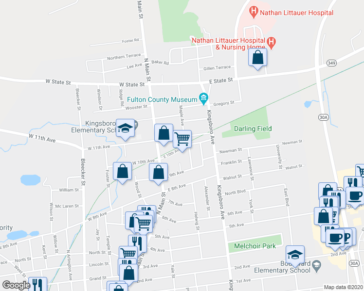 map of restaurants, bars, coffee shops, grocery stores, and more near Fonda, Johnstown & Gloversville Rail Trail (FJ & G Rail Trail) in Gloversville