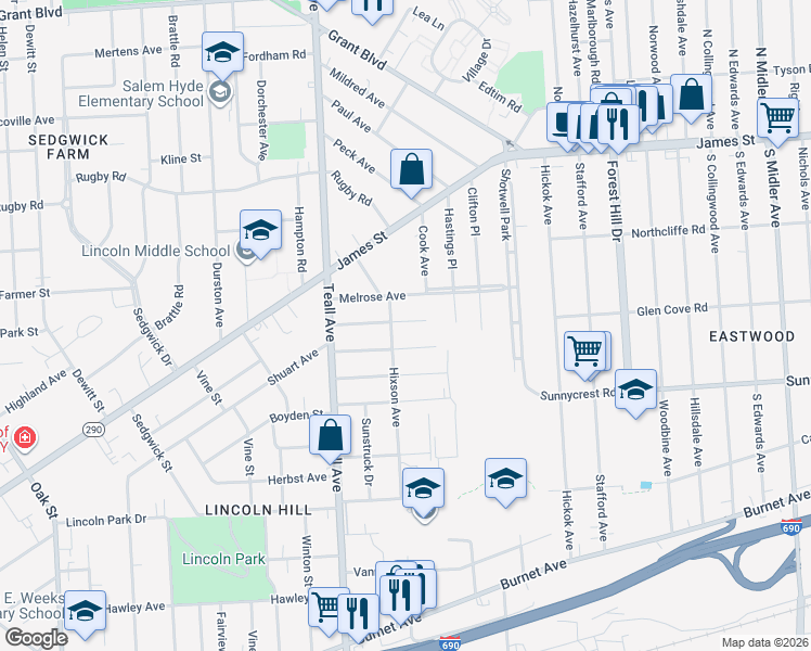 map of restaurants, bars, coffee shops, grocery stores, and more near 226 Eldorado Street in Syracuse