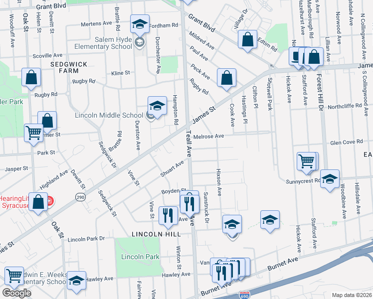 map of restaurants, bars, coffee shops, grocery stores, and more near 1211-13 Teall Avenue in Syracuse