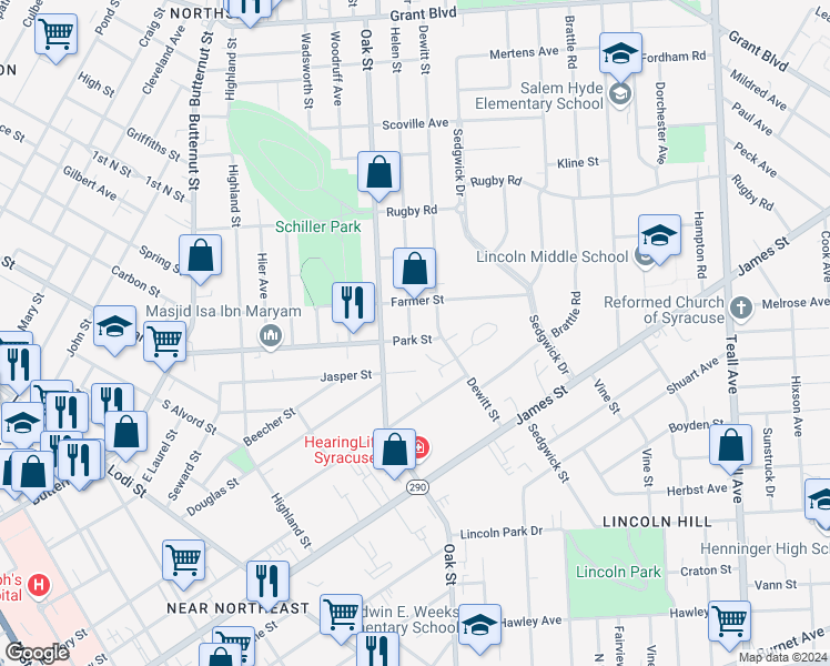 map of restaurants, bars, coffee shops, grocery stores, and more near in Syracuse