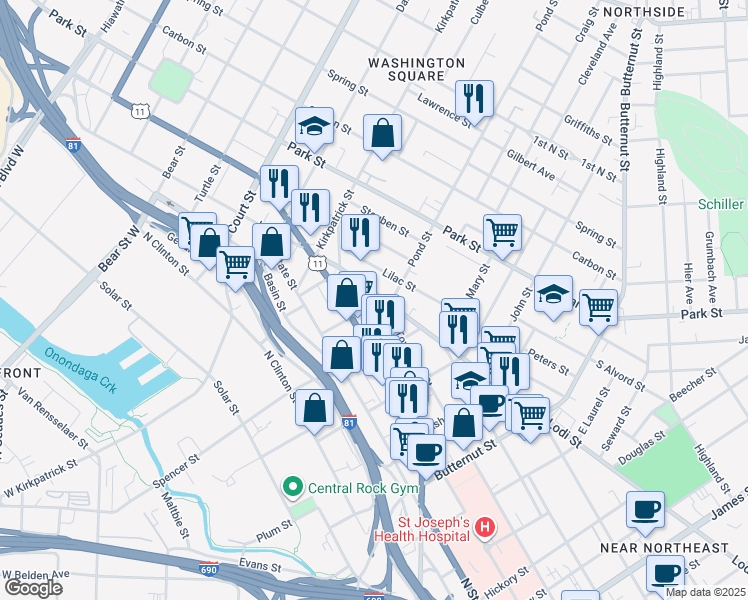 map of restaurants, bars, coffee shops, grocery stores, and more near 2000 Lodi Street in Syracuse