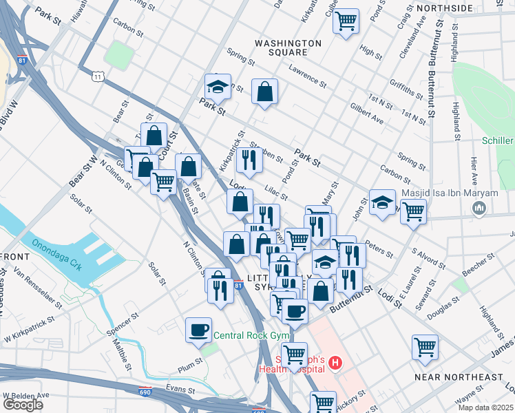 map of restaurants, bars, coffee shops, grocery stores, and more near 2000 Lodi Street in Syracuse