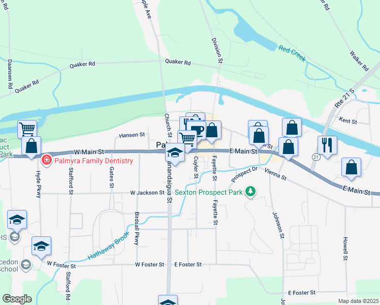 map of restaurants, bars, coffee shops, grocery stores, and more near 138 East Main Street in Palmyra