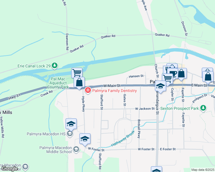 map of restaurants, bars, coffee shops, grocery stores, and more near 360 West Main Street in Palmyra