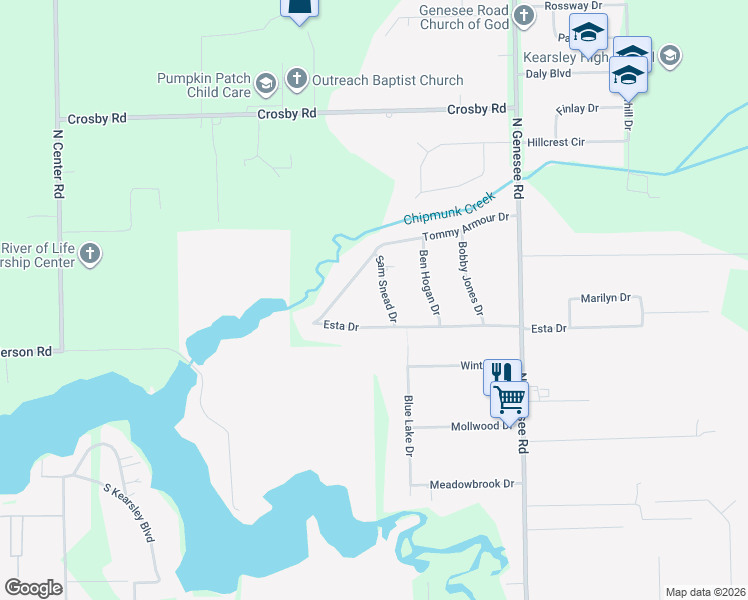 map of restaurants, bars, coffee shops, grocery stores, and more near 4054 Sam Snead Drive in Flint