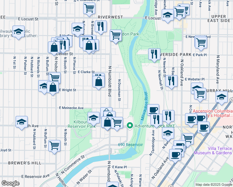 map of restaurants, bars, coffee shops, grocery stores, and more near 2469 North Dousman Street in Milwaukee