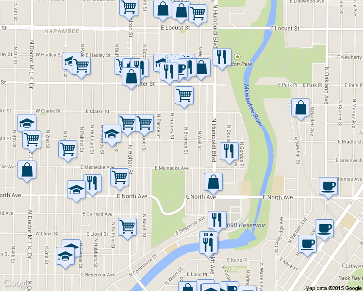 map of restaurants, bars, coffee shops, grocery stores, and more near 2466 North Fratney Street in Milwaukee