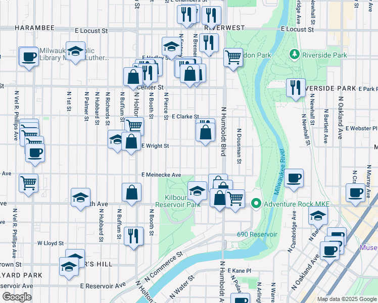 map of restaurants, bars, coffee shops, grocery stores, and more near 2466 North Fratney Street in Milwaukee