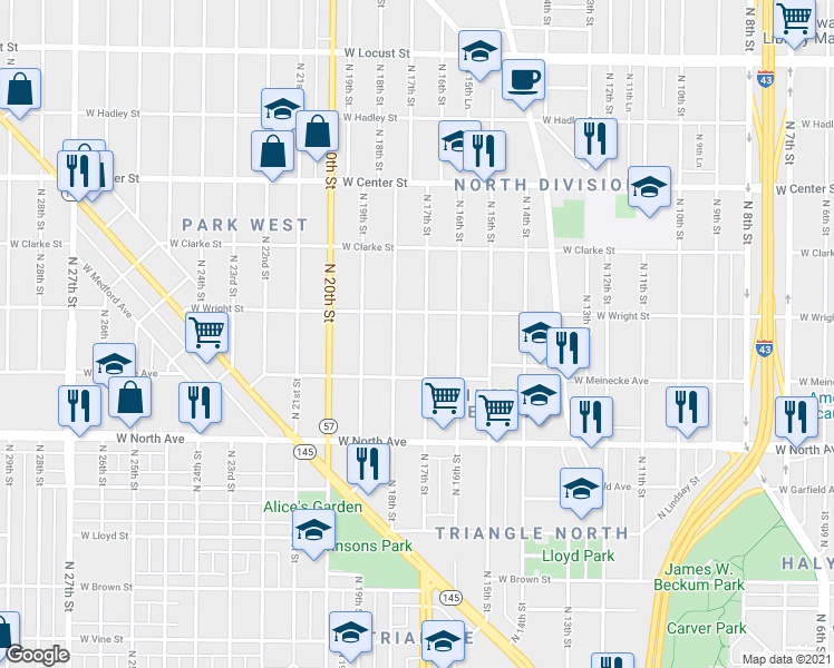 map of restaurants, bars, coffee shops, grocery stores, and more near 2454 North 18th Street in Milwaukee