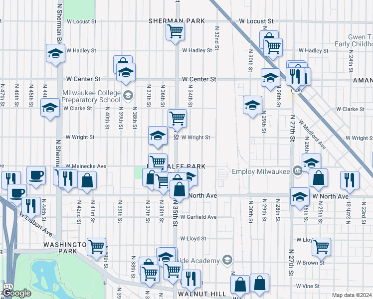 map of restaurants, bars, coffee shops, grocery stores, and more near 2450 North 35th Street in Milwaukee
