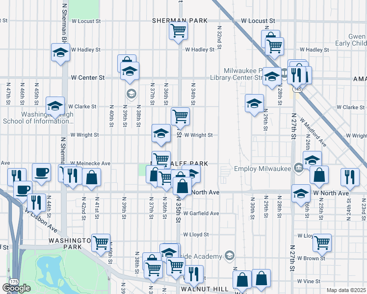 map of restaurants, bars, coffee shops, grocery stores, and more near 2450 North 35th Street in Milwaukee