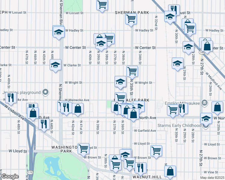 map of restaurants, bars, coffee shops, grocery stores, and more near 2445 North 37th Street in Milwaukee