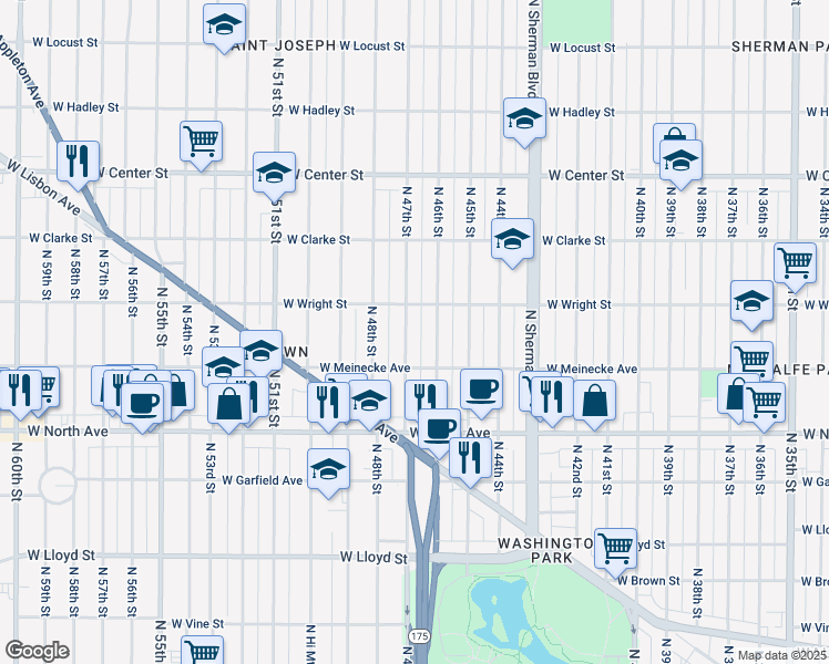 map of restaurants, bars, coffee shops, grocery stores, and more near 2446 North 47th Street in Milwaukee