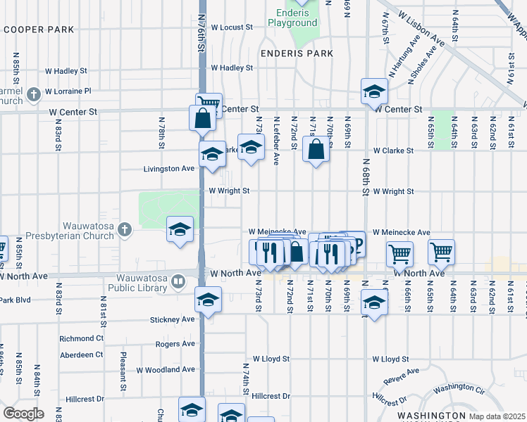 map of restaurants, bars, coffee shops, grocery stores, and more near 2438 North 73rd Street in Wauwatosa