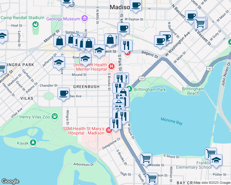 map of restaurants, bars, coffee shops, grocery stores, and more near 902 Vilas Avenue in Madison
