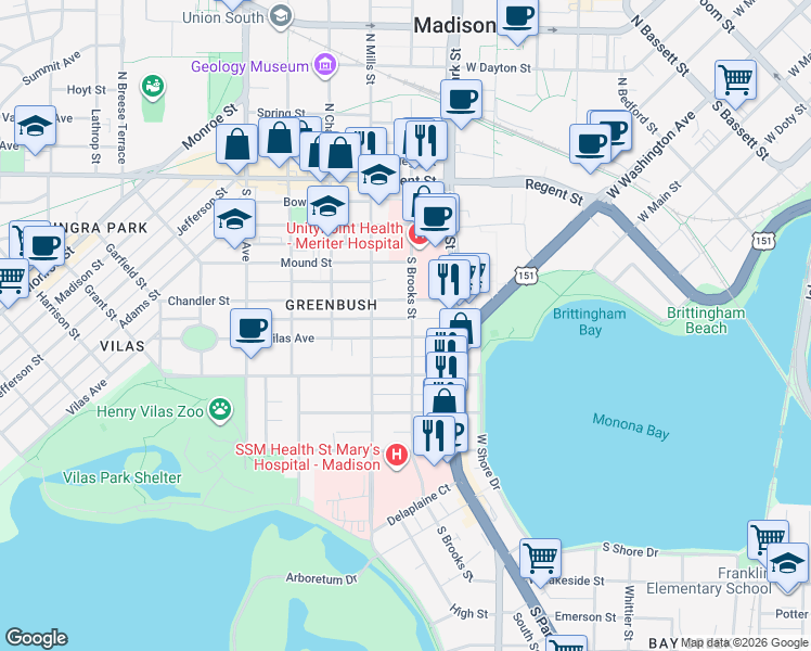 map of restaurants, bars, coffee shops, grocery stores, and more near 1014 Vilas Avenue in Madison