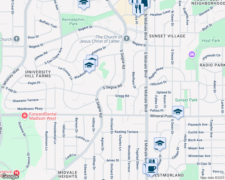 map of restaurants, bars, coffee shops, grocery stores, and more near 222 Saint Croix Lane in Madison
