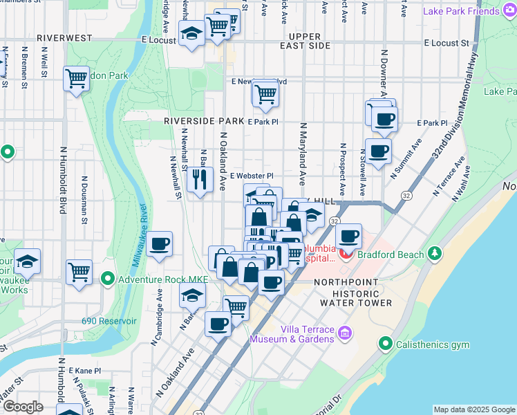 map of restaurants, bars, coffee shops, grocery stores, and more near 2491 North Murray Avenue in Milwaukee