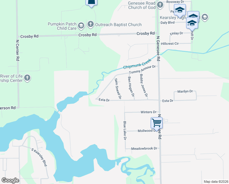 map of restaurants, bars, coffee shops, grocery stores, and more near 4054 Sam Snead Drive in Flint