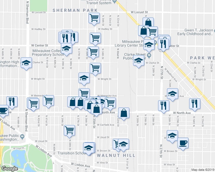 map of restaurants, bars, coffee shops, grocery stores, and more near 2449 North 33rd Street in Milwaukee