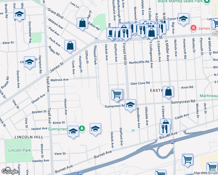 map of restaurants, bars, coffee shops, grocery stores, and more near 307 Hickok Avenue in Syracuse