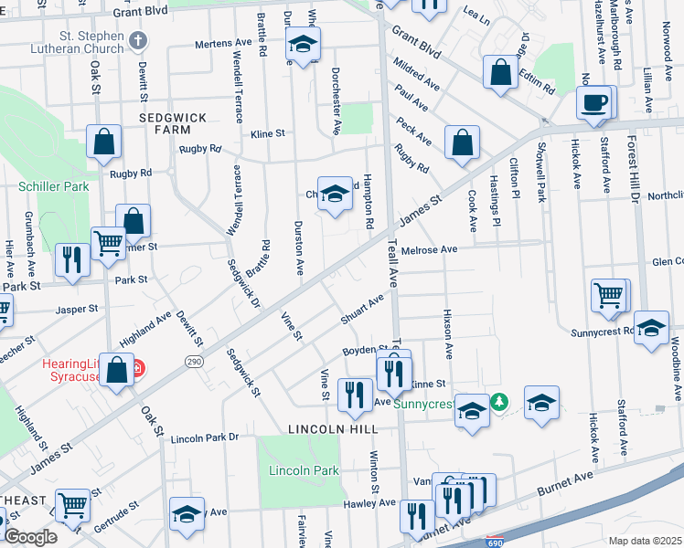 map of restaurants, bars, coffee shops, grocery stores, and more near 1618 James Street in Syracuse
