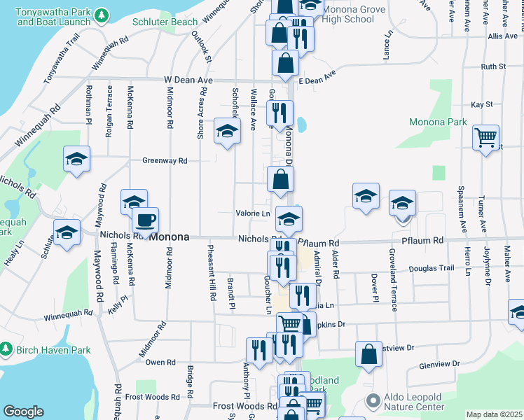 map of restaurants, bars, coffee shops, grocery stores, and more near 203 Valorie Lane in Monona