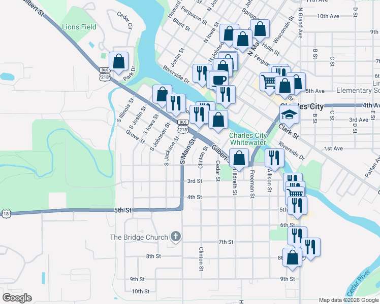 map of restaurants, bars, coffee shops, grocery stores, and more near 400 S Main St in Charles City