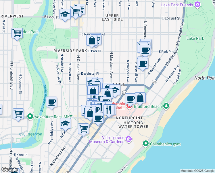 map of restaurants, bars, coffee shops, grocery stores, and more near 2119 East Bradford Avenue in Milwaukee