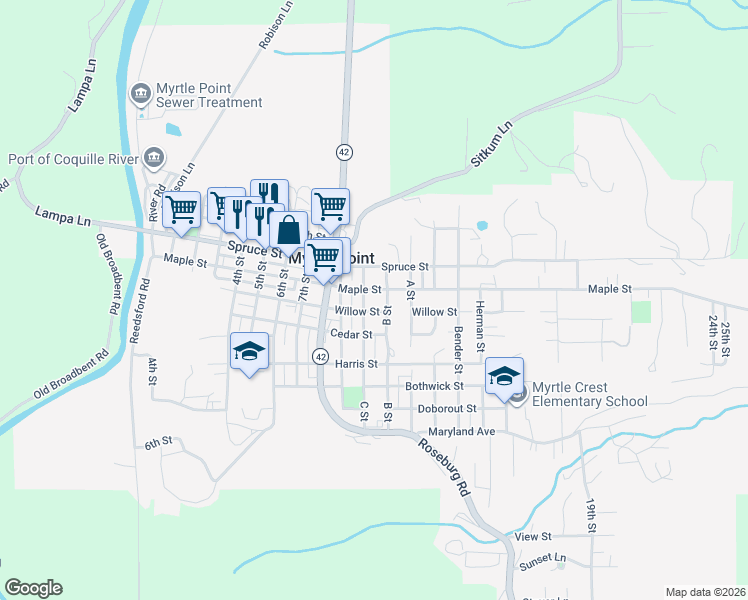 map of restaurants, bars, coffee shops, grocery stores, and more near 413 C Street in Myrtle Point