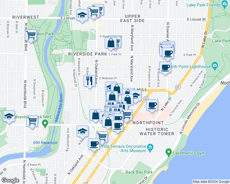 map of restaurants, bars, coffee shops, grocery stores, and more near 2492 North Murray Avenue in Milwaukee