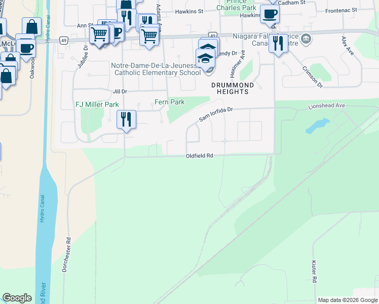 map of restaurants, bars, coffee shops, grocery stores, and more near 6730 Sam Iorfida Drive in Niagara Falls